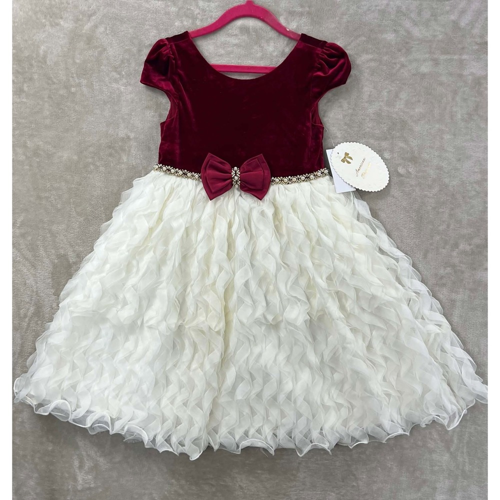 NWT American Princess Girls Burgundy Velvet White Ruffle Bow Holiday Dress 6X/7